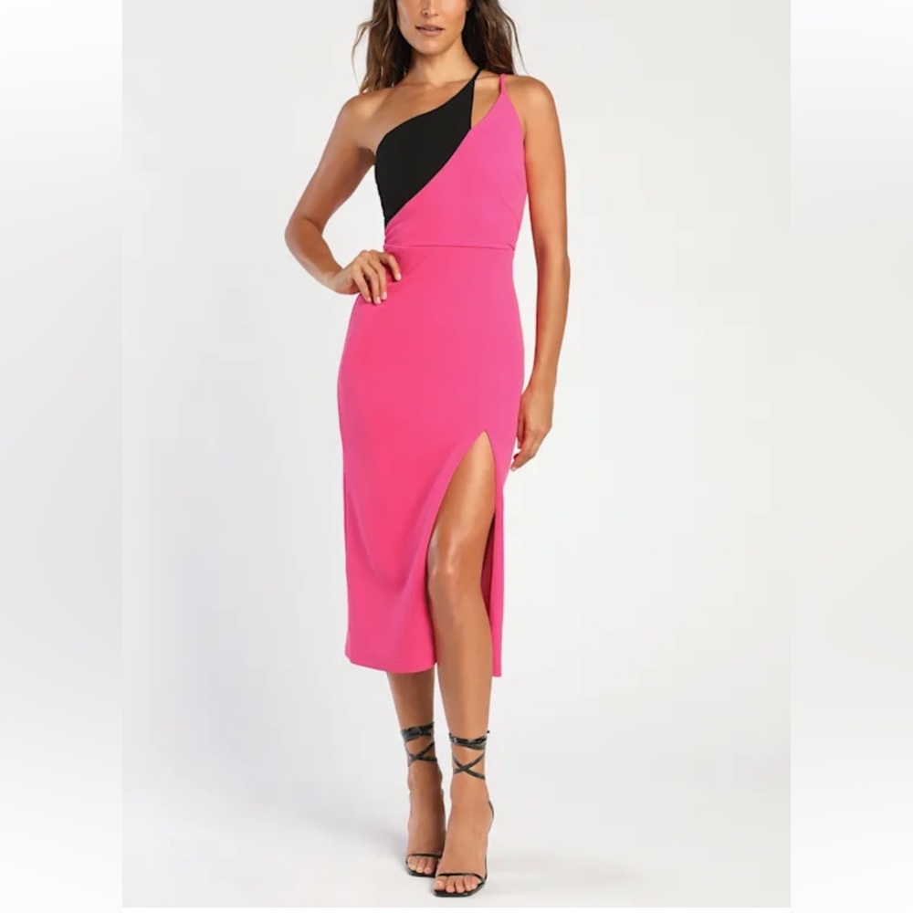 Lulus Striking Silhouette Hot Pink Color Block One-Shoulder Midi Dress